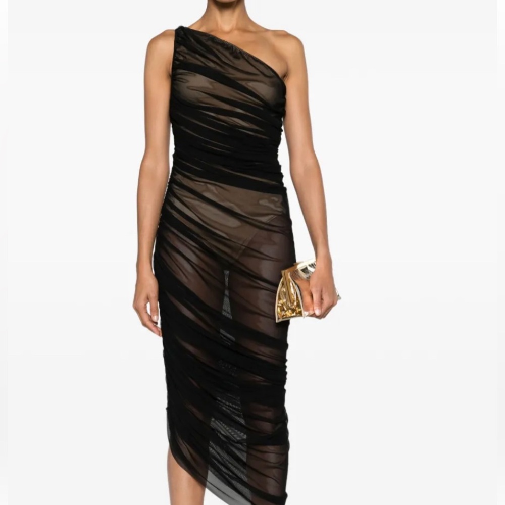 Norma Kamali Black Diana one-shoulder gown Sheer Bodysuit Dress Size S / 36